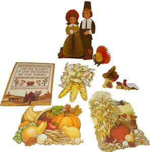 Vintage Hallmark Thanksgiving Honeycomb Decorations Paper Die-Cuts Pilgrims